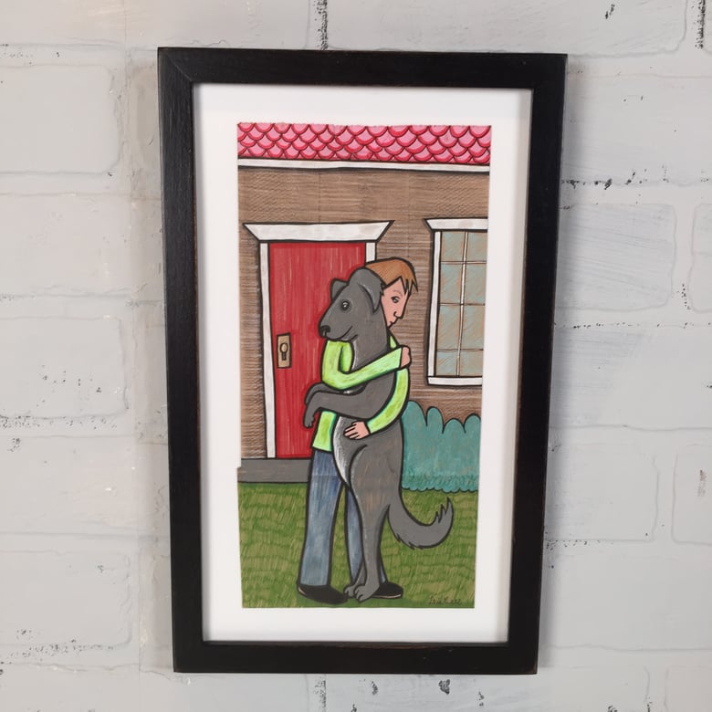 Image of "THE BOY AND HIS DOG" ONE OF A KIND FRAMED LUNCH BAG ART