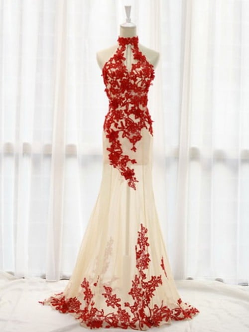 Sexy Red Tulle Halter Prom Gown with Lace Applique, Sexy Formal Gowns, Evening Gowns