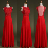 Image 1 of Gorgeous Chiffon Red Long Scoop Prom Dresses, Red Prom Dresses , Formal Gowns