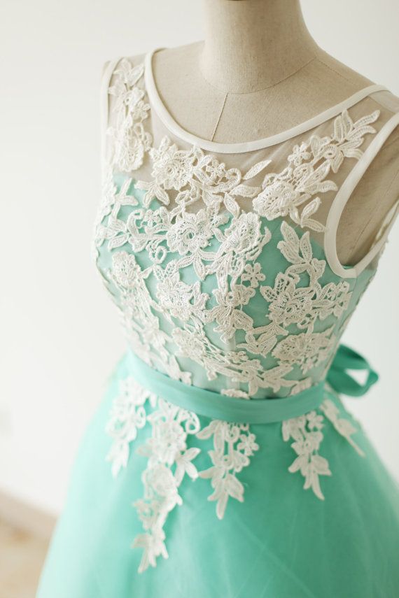 Elegant Mint Turquoise Tulle Short Formal Dress With White Applique, Turquoise Bridesmaid Dresses