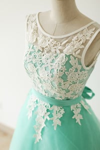 Image 1 of Elegant Mint Turquoise Tulle Short Formal Dress With White Applique, Turquoise Bridesmaid Dresses