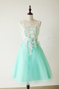 Image 2 of Elegant Mint Turquoise Tulle Short Formal Dress With White Applique, Turquoise Bridesmaid Dresses