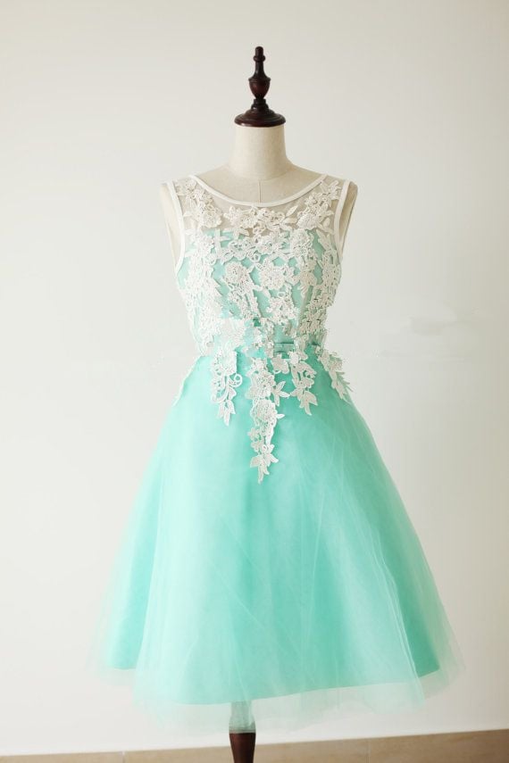 Elegant Mint Turquoise Tulle Short Formal Dress With White Applique, Turquoise Bridesmaid Dresses | BeMyBridesmaid Elegant Mint Turquoise Tulle Short Formal Dress With White Applique, Turquoise Bridesmaid Dresses | BeMyBridesmaid