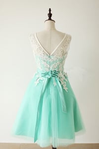 Image 3 of Elegant Mint Turquoise Tulle Short Formal Dress With White Applique, Turquoise Bridesmaid Dresses