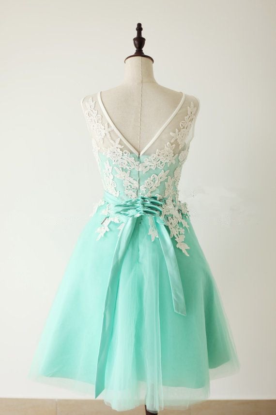 Elegant Mint Turquoise Tulle Short Formal Dress With White Applique, Turquoise Bridesmaid Dresses