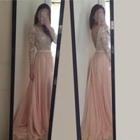 Image 1 of Pretty Handmade Backless 3/4 Sleeve Pink Applique Long Prom Dresses, Pink Formal Gowns
