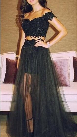 Charming Black Two Piece Tulle Formal Dresses , Two piece Prom Dresses