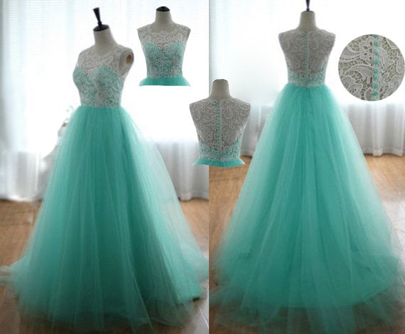 Beautiful Mint Tulle Lace Prom Gowns , Formal Gowns, Evening Dresses 