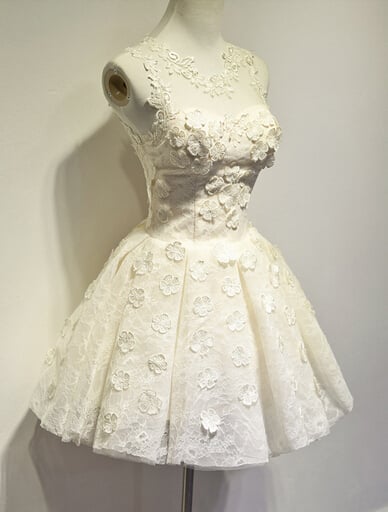 Cute Lace Champagne Flower Ball Gown Short Homecoming Dress, Mini Prom Dress