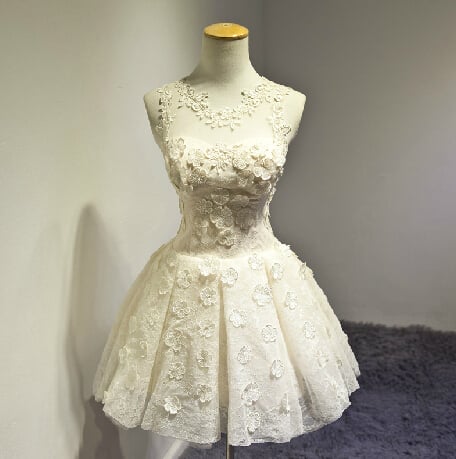 Cute Lace Champagne Flower Ball Gown Short Homecoming Dress, Mini Prom Dress