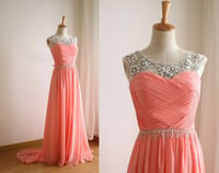 Image 1 of Pretty Handmade Beaded Coral Long Chiffon Prom Dress, Prom Dresses, Formal Dresses