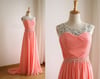 Pretty Handmade Beaded Coral Long Chiffon Prom Dress, Prom Dresses, Formal Dresses