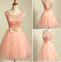 Image 1 of Cute Blush Pink Lace Tulle Short Prom Dresses, Homecoming Dresses, Graduation Dresses