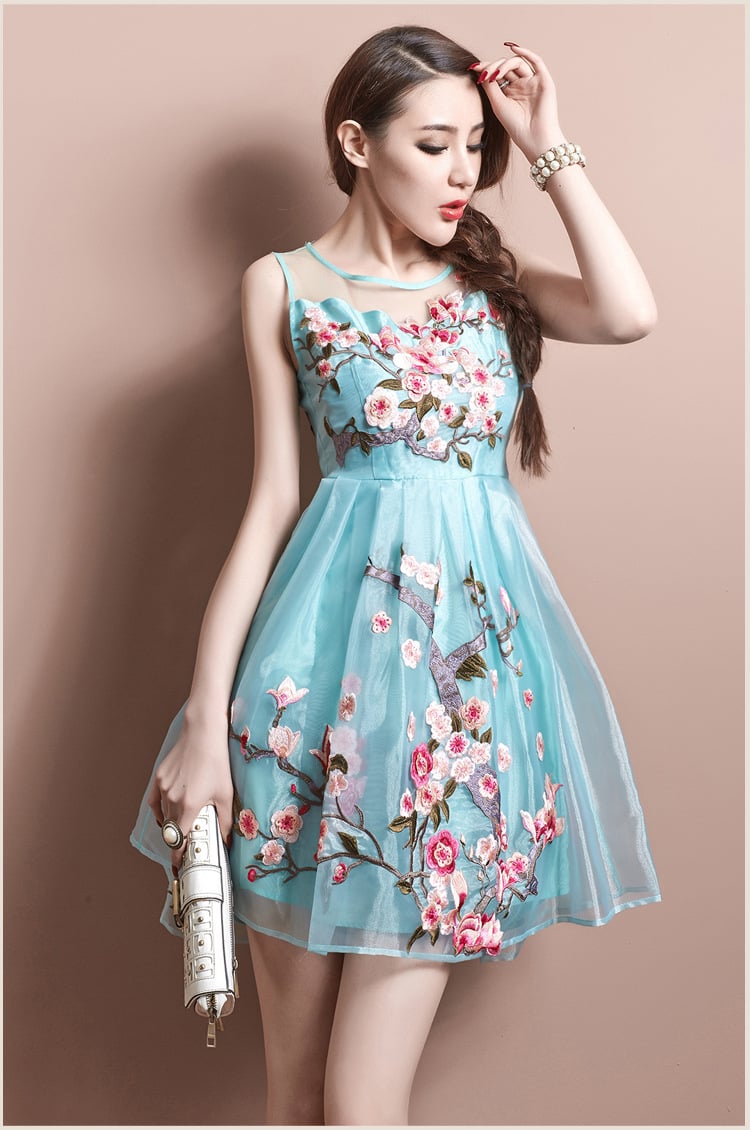 Beautiful Blue Organza Dress With Embroidery, Blue Knee Length Dress With Embroidery in Stock | BeMyBridesmaid Beautiful Blue Organza Dress With Embroidery, Blue Knee Length Dress With Embroidery in Stock | BeMyBridesmaid