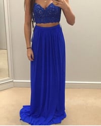 Image 1 of Beautiful Two Piece Blue Chiffon Prom Dresses with Lace Applique, Two piece Formal Dresses