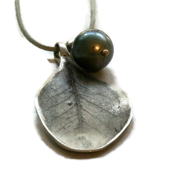 Image of Black Tahitian Pearl Leaf Pendant Necklace 