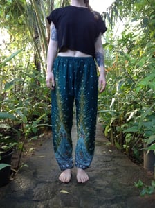 Image of Peacock yoga trousers handmade in Sri Lanka
