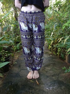 Image of Elephant yoga trousers handmade in Sri Lanka - purple