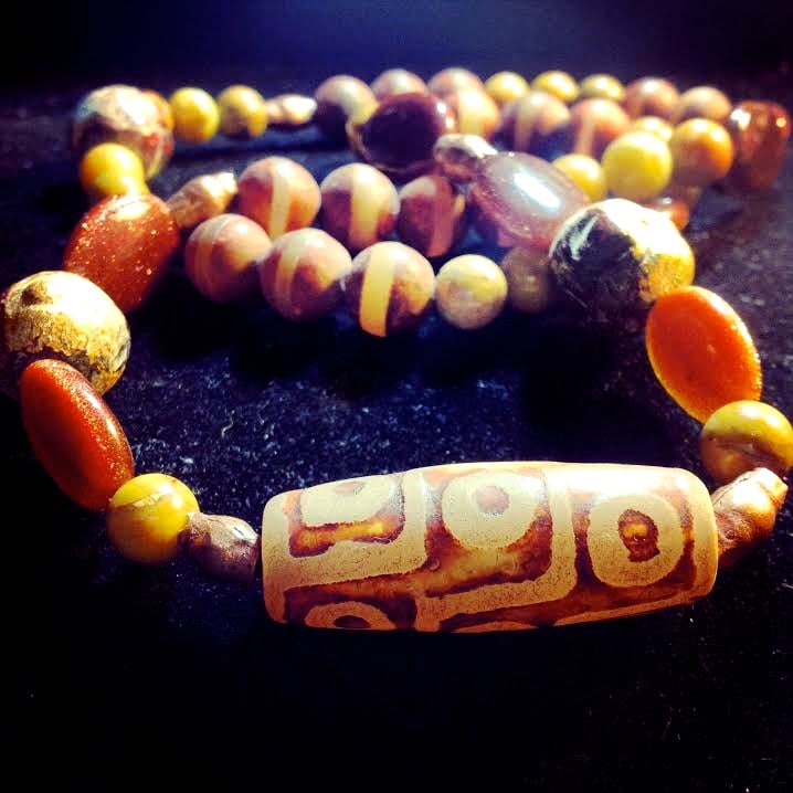 Image of Awaken your Power ~Tribal Agate with Larderite/Shoushan Stone, Goldstone and Mala Beads from India 