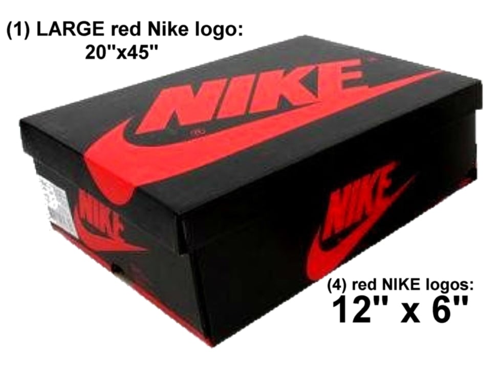 Image of (5) LARGE red Nike Logos (for custom AJ1 black/red nike sneaker storage boxes)