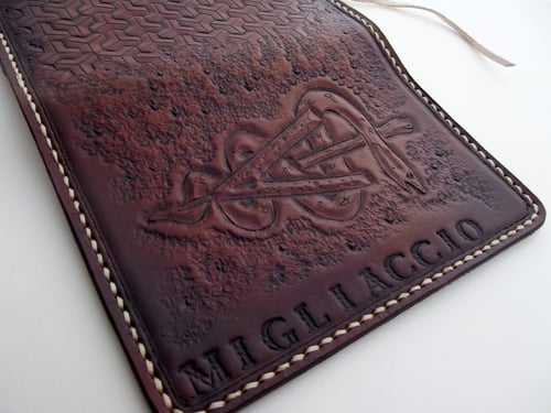 Image of Custom Hand Tooled Leather Notepad, day planner, notebook cover. Refillable. Your image or idea.
