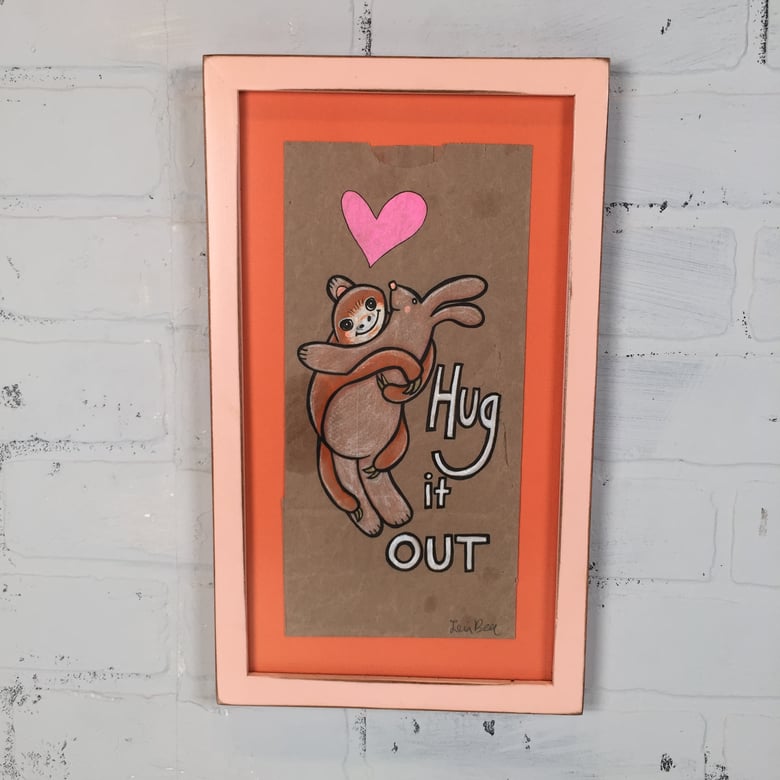 Image of "HUG IT OUT" ONE OF A KIND FRAMED LUNCH BAG ART