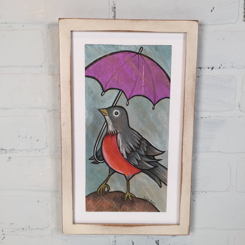 Image of "RAINY DAY ROBIN" ONE OF A KIND FRAMED LUNCH BAG ART