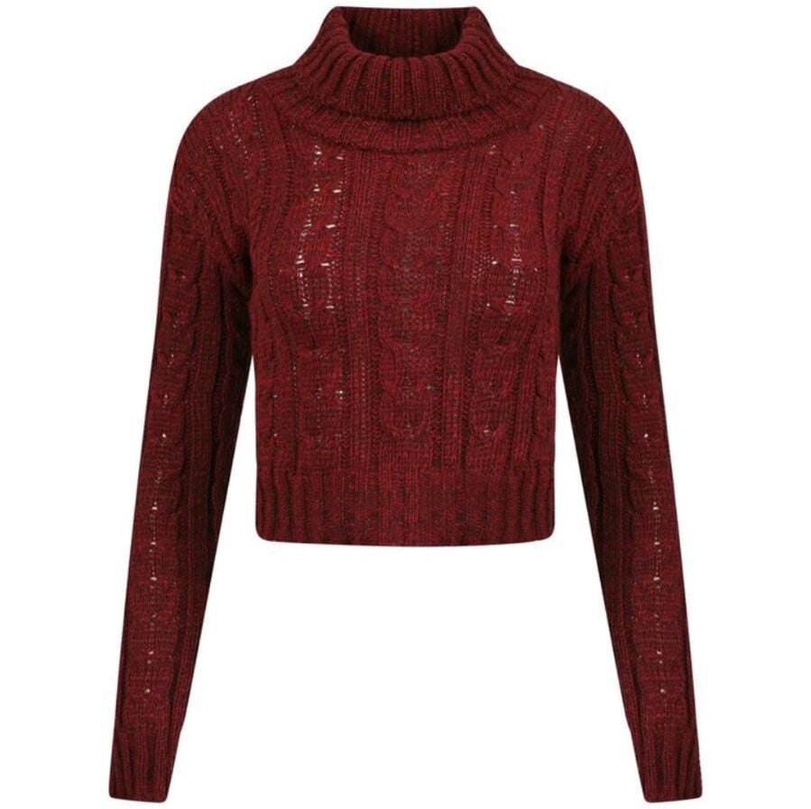 Image of CHUNKY POLO NECK CABLE KNIT CROP JUMPER IN WINE