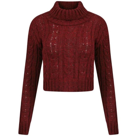 Image of CHUNKY POLO NECK CABLE KNIT CROP JUMPER IN WINE