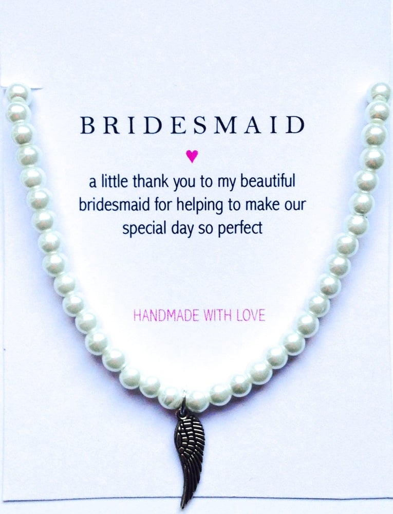 Image of Bridesmaid Pearl Bracelet -  Angel Wing Charm  