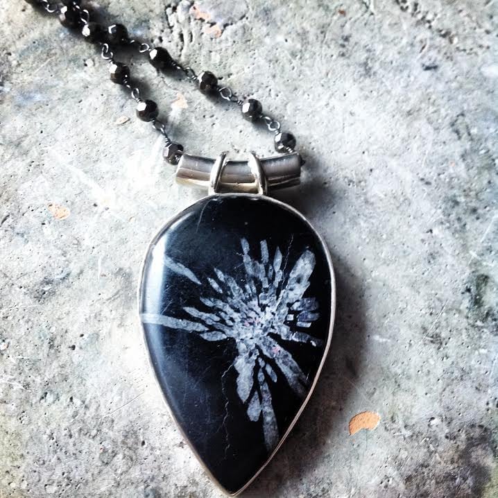 Image of "Embrace your Authentic Purpose" ~ Chrysanthemum Sterling Silver on Black Pyrite Chain  reaction