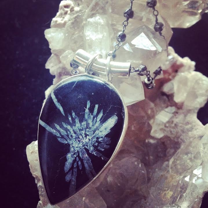 Image of "Embrace your Authentic Purpose" ~ Chrysanthemum Sterling Silver on Black Pyrite Chain  reaction