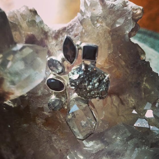 Image of Herkimer Diamond, Peruvian Golden Pyrite, Black Onyx & Smokey Topaz Sterling Silver