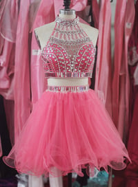 Image 1 of Beautiful Tulle Two Piece Beaded Prom Dresses, Two Piece Prom Dresses, Homecoming Dresses