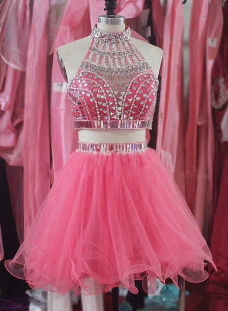 Beautiful Tulle Two Piece Beaded Prom Dresses, Two Piece Prom Dresses, Homecoming Dresses