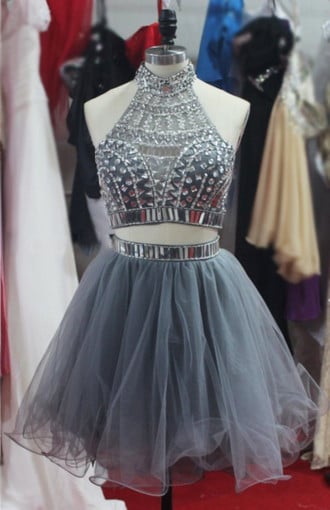 Beautiful Tulle Two Piece Beaded Prom Dresses, Two Piece Prom Dresses, Homecoming Dresses