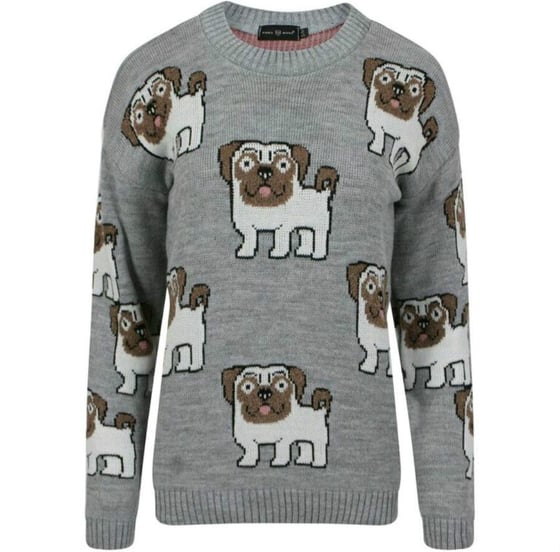 Image of Long Sleeve Knitted Cartoon Pug Jumper in Grey 