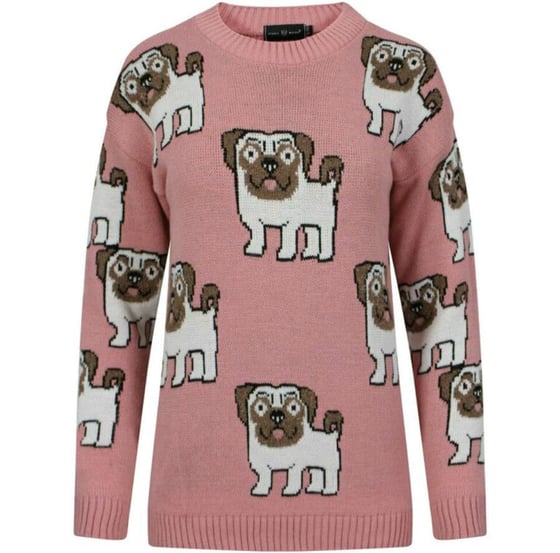 Image of Long Sleeve Knitted Cartoon Pug Jumper in Pink 