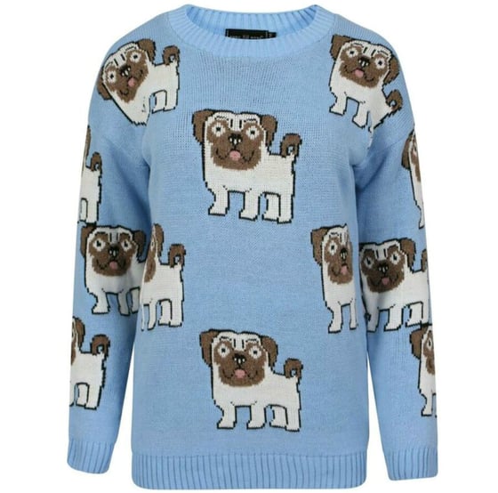 Image of Long Sleeve Knitted Cartoon Pug Jumper in Blue 