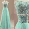 Charming Mint Long Tulle Beaded Prom Dresses, Prom Dresses , Prom Gowns