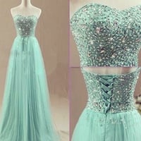 Image 1 of Charming Mint Long Tulle Beaded Prom Dresses, Prom Dresses , Prom Gowns