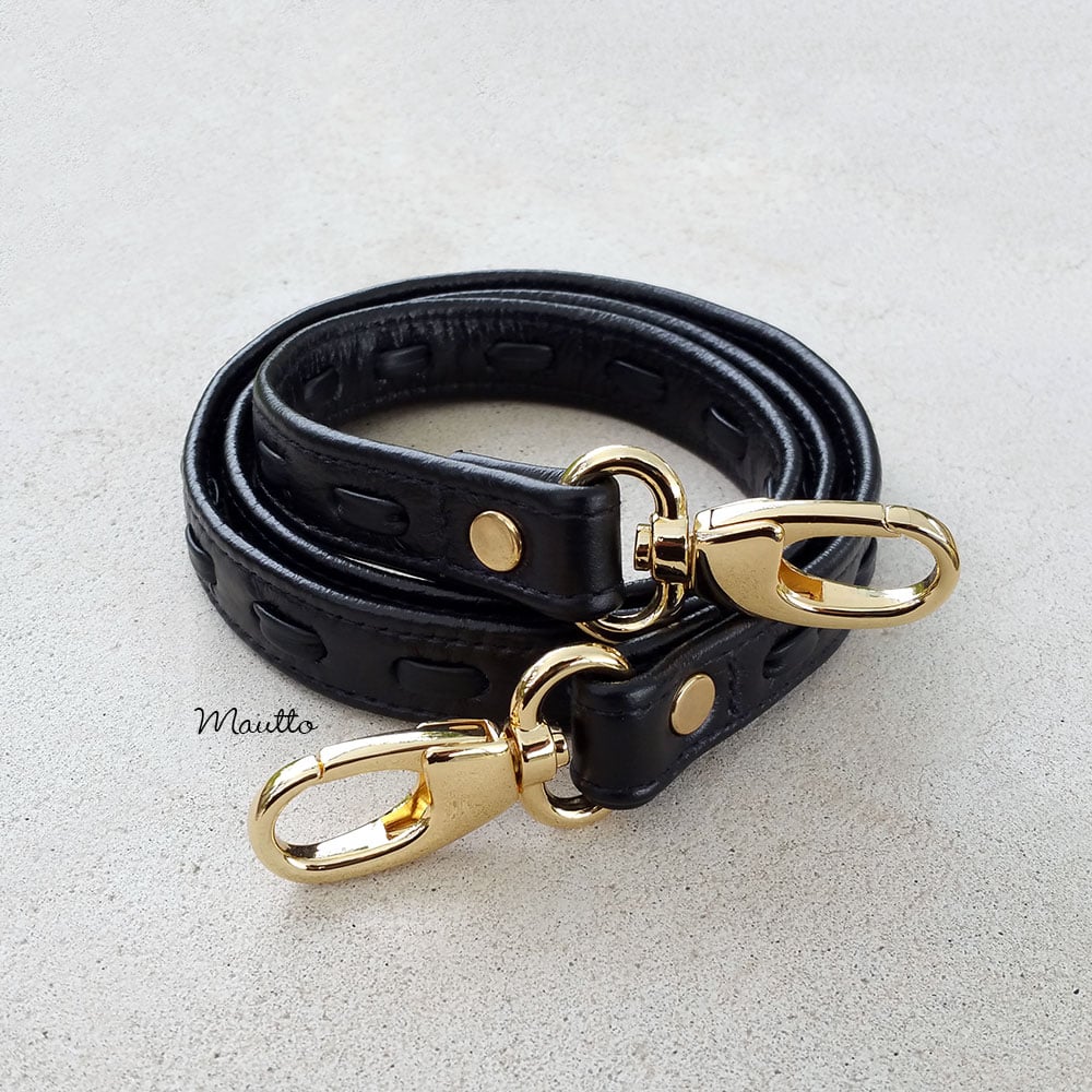 Image of Black Leather Strap with LEATHER WEAVE Accent - .75" Wide - Choose Hook Finish & Style