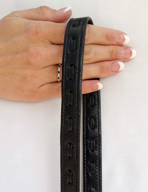 Image of Black Leather Strap with LEATHER WEAVE Accent - .75" Wide - Choose Hook Finish & Style