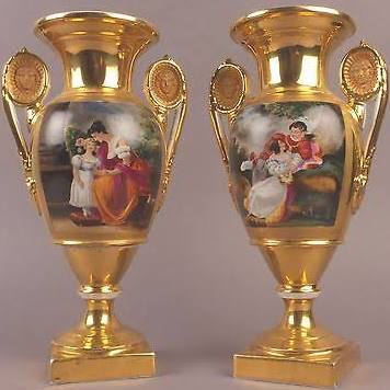 Image of Antique Pair Early 19thc French Empire Paris Gilt Porcelain Vases