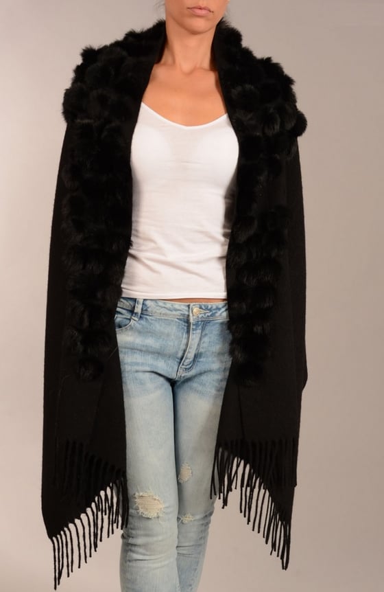 Image of Jayley Coney Fur pom pom black 100% wool wrap