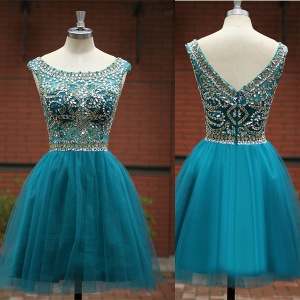 Sparkle Custom A line Scoop Sleeveless V Back Short Prom Dress, Homecoming Dress