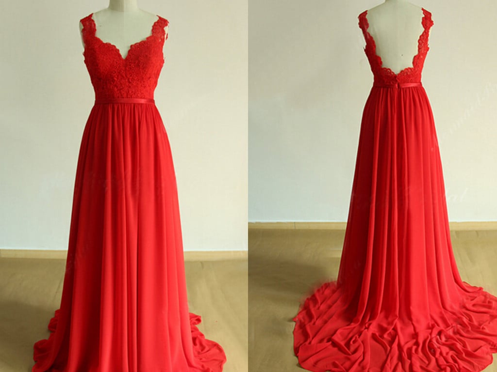 Glam Red Backless Prom Gowns with Lace Applique, Red Dresses, Evening Gowns