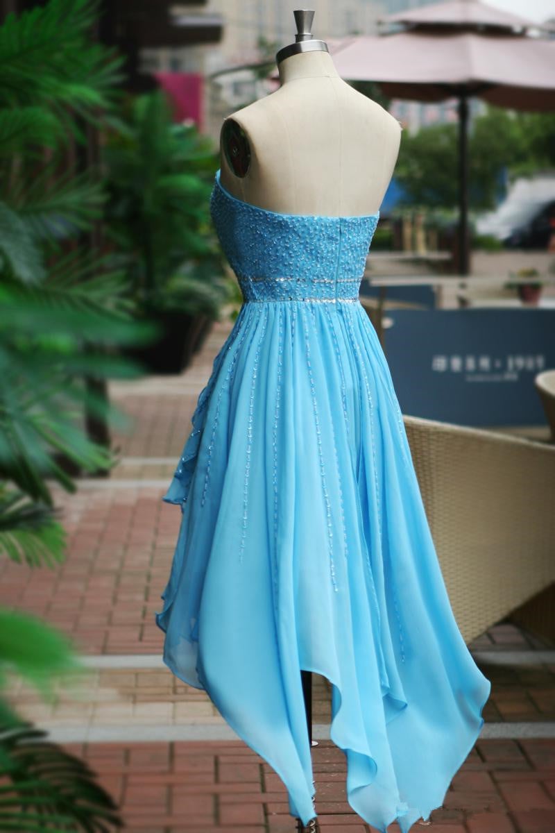 Lovely Cute Blue High Low Beaded Prom Dress , Prom Dresses , Homecoming Dresses