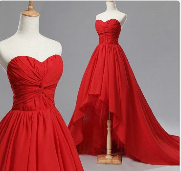 Glam High Low Red Sweetheart Chiffon Prom Dresses , Prom Gowns 