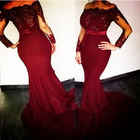 Image 1 of Sexy Burgundy Mermaid Prom Gowns with Lace Applique, Evening Gowns 2016